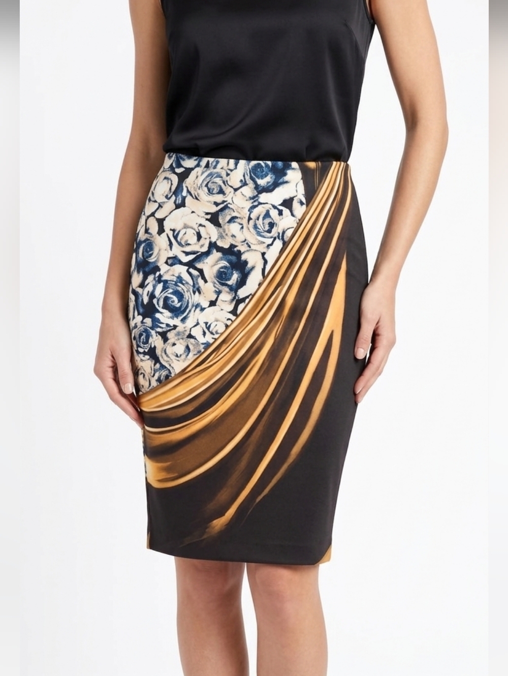 Clover Canyon Black, Navy & Gold Geometric Floral Pencil Skirt Large